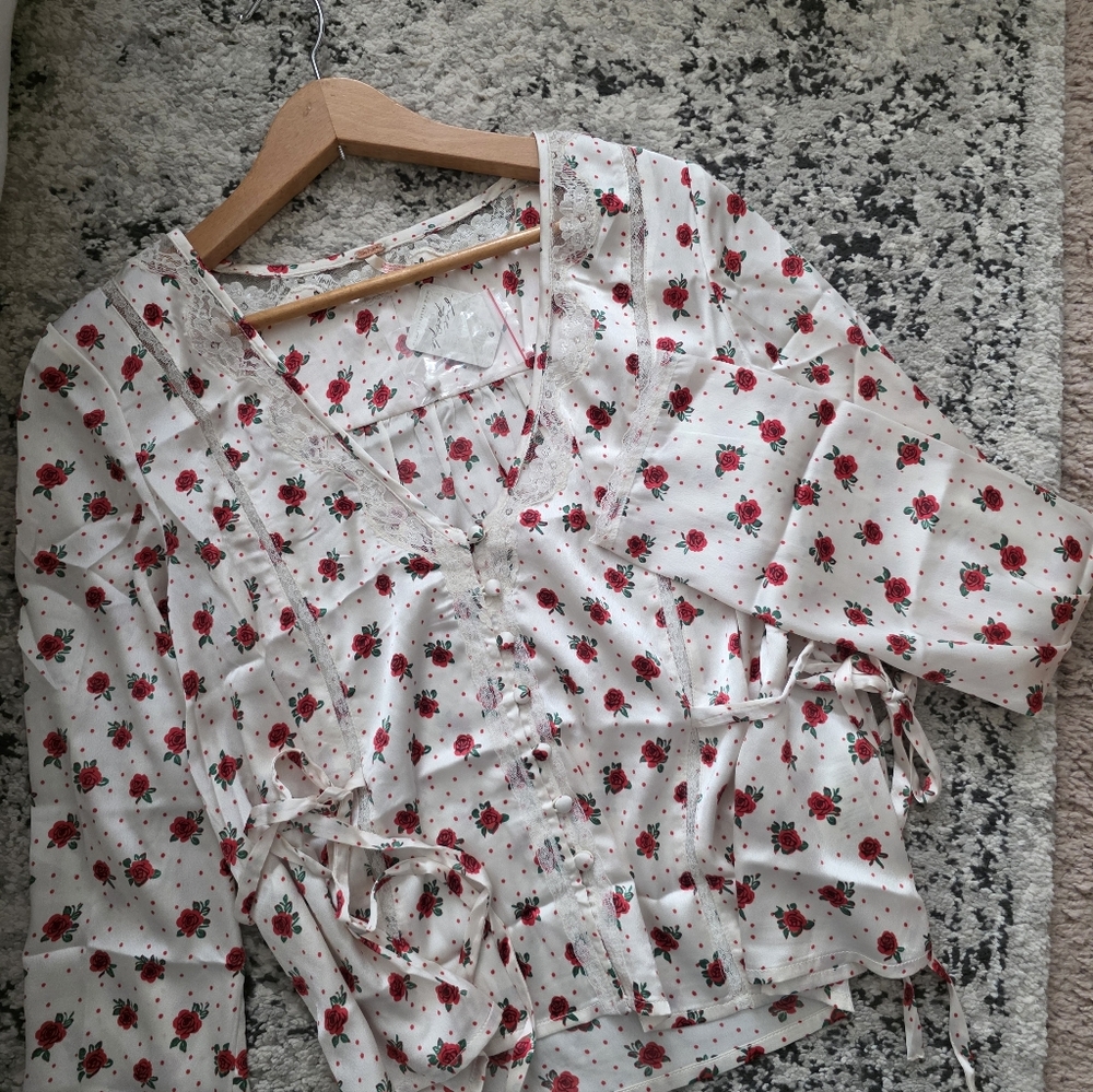 Free People Field Of Roses Button Front Satin Blouse Womens S NWT Western Chic